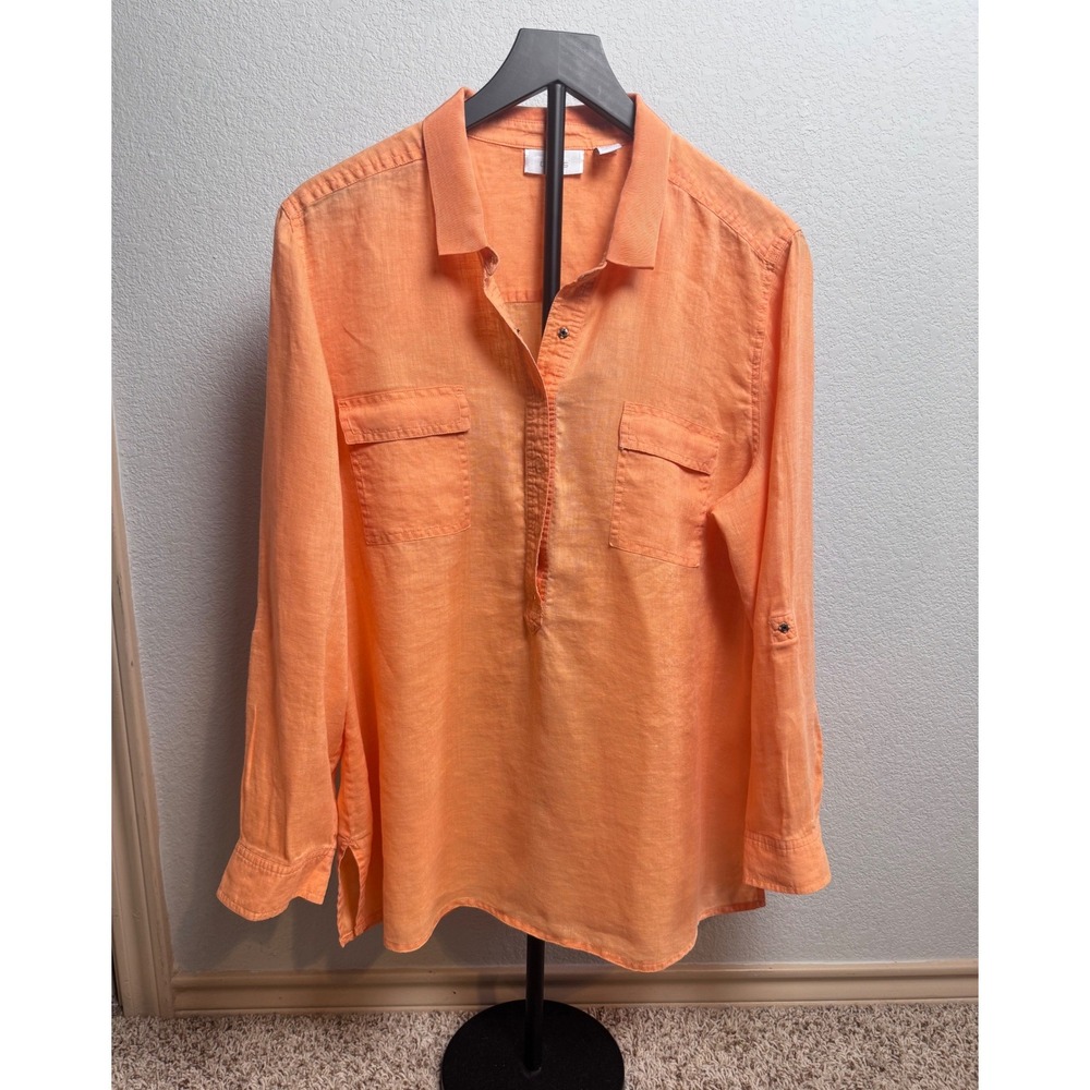 Chicos Orange 100% Linen Long Sleeve Button Tab Tunic Top Size 3 XL